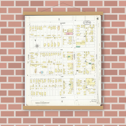 Old map wall art mockup — magnetic wood frame on brick wall — Sanborn Fire Insurance Map from Clinton, Clinton County, Iowa (1897), Sheet #0004