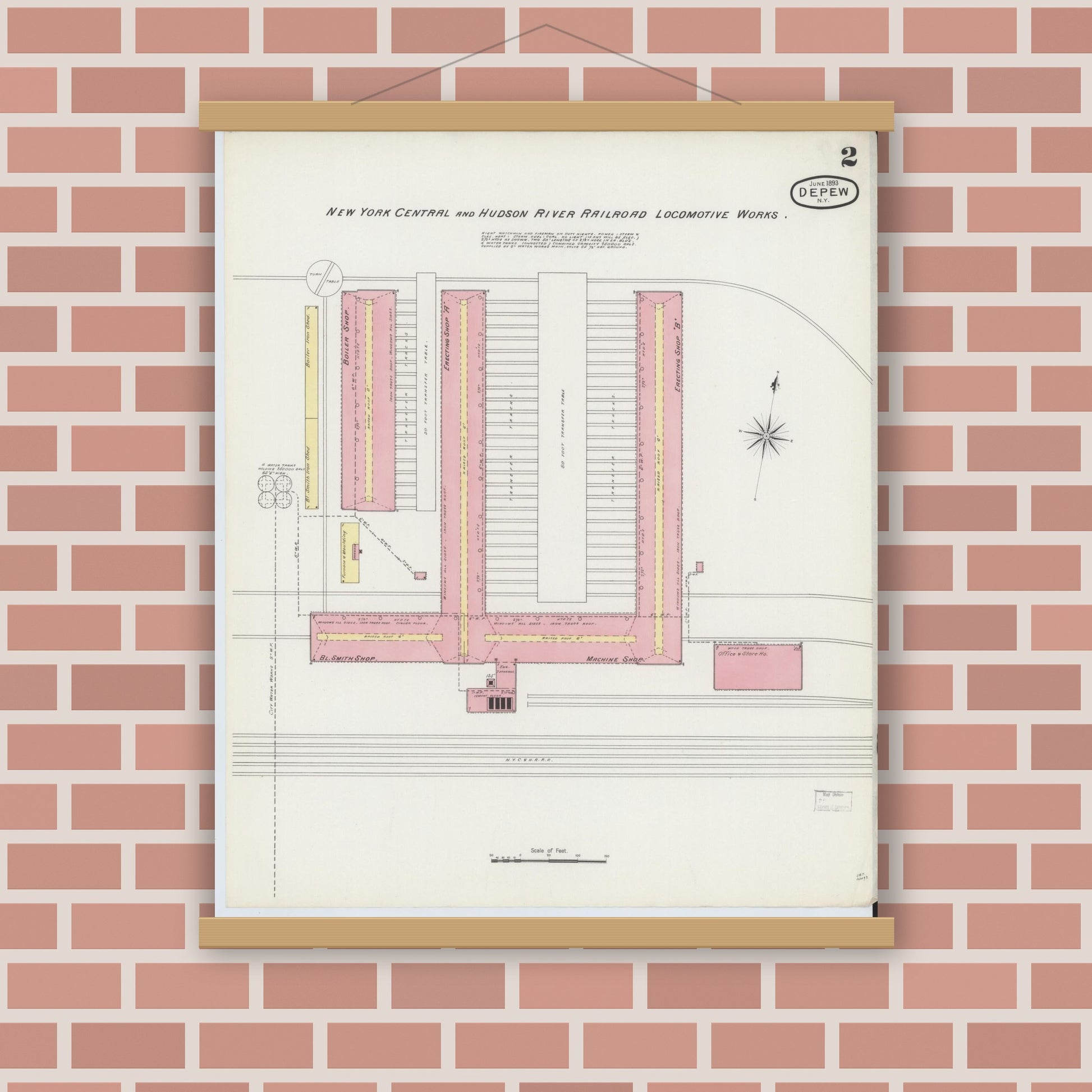 Old map wall art mockup — magnetic wood frame on brick wall — Sanborn Fire Insurance Map from Depew, Erie County, New York (1893), Sheet #0002