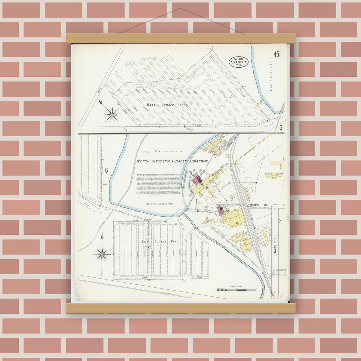 Old map wall art mockup — magnetic wood frame on brick wall — Sanborn Fire Insurance Map from Stanley, Chippewa County, Wisconsin (1907), Sheet #0006