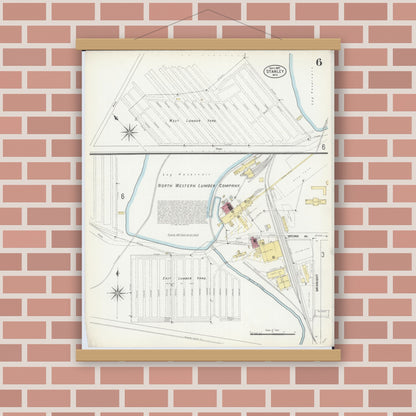Old map wall art mockup — magnetic wood frame on brick wall — Sanborn Fire Insurance Map from Stanley, Chippewa County, Wisconsin (1907), Sheet #0006