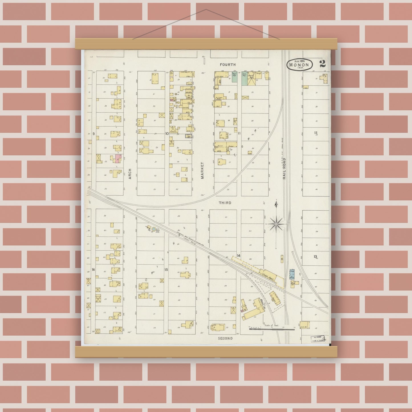 Old map wall art mockup — magnetic wood frame on brick wall — Sanborn Fire Insurance Map from Monon, White County, Indiana (1895), Sheet #0002