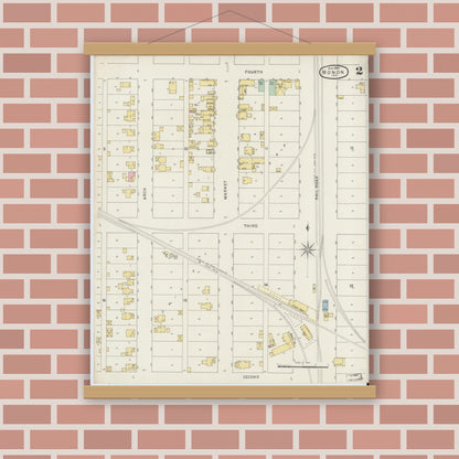 Old map wall art mockup — magnetic wood frame on brick wall — Sanborn Fire Insurance Map from Monon, White County, Indiana (1895), Sheet #0002