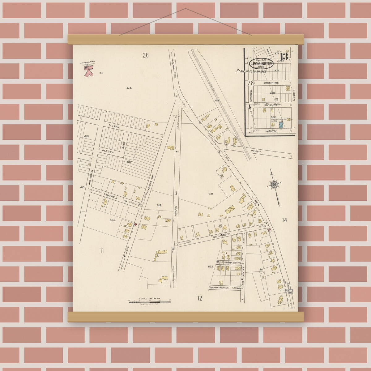 Old map wall art mockup — magnetic wood frame on brick wall — Sanborn Fire Insurance Map from Leominster, Worcester County, Massachusetts (1922), Sheet #0013