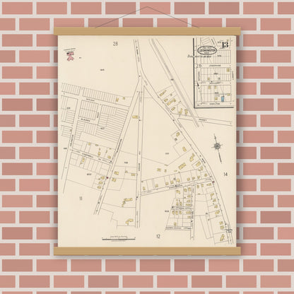 Old map wall art mockup — magnetic wood frame on brick wall — Sanborn Fire Insurance Map from Leominster, Worcester County, Massachusetts (1922), Sheet #0013