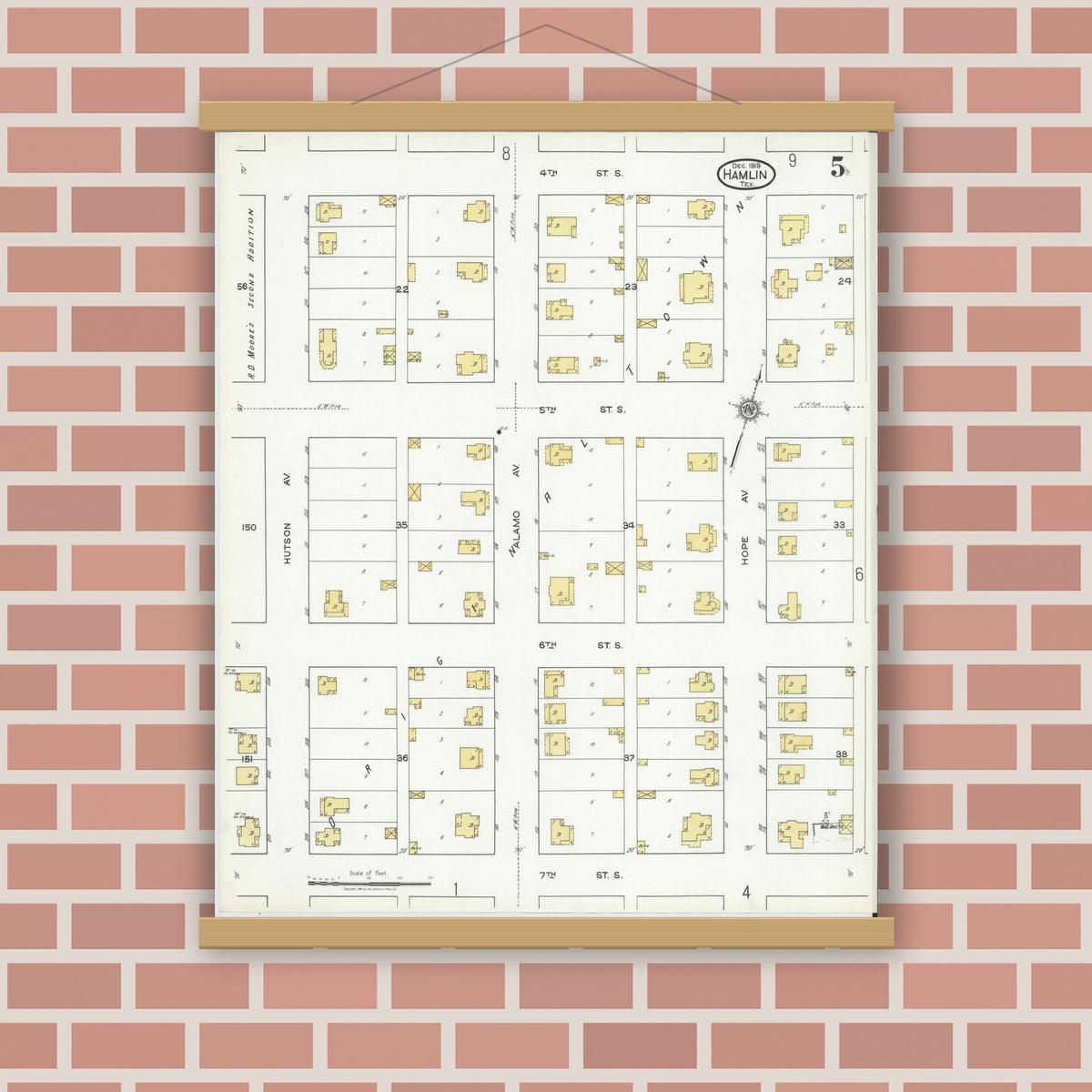 Old map wall art mockup — magnetic wood frame on brick wall — Sanborn Fire Insurance Map from Hamlin, Jones County, Texas (1919), Sheet #0005