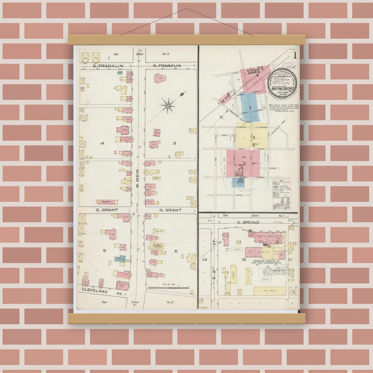 Old map wall art mockup — magnetic wood frame on brick wall — Sanborn Fire Insurance Map from Waynesboro, Franklin County, Pennsylvania (1886) - Complete Map Set