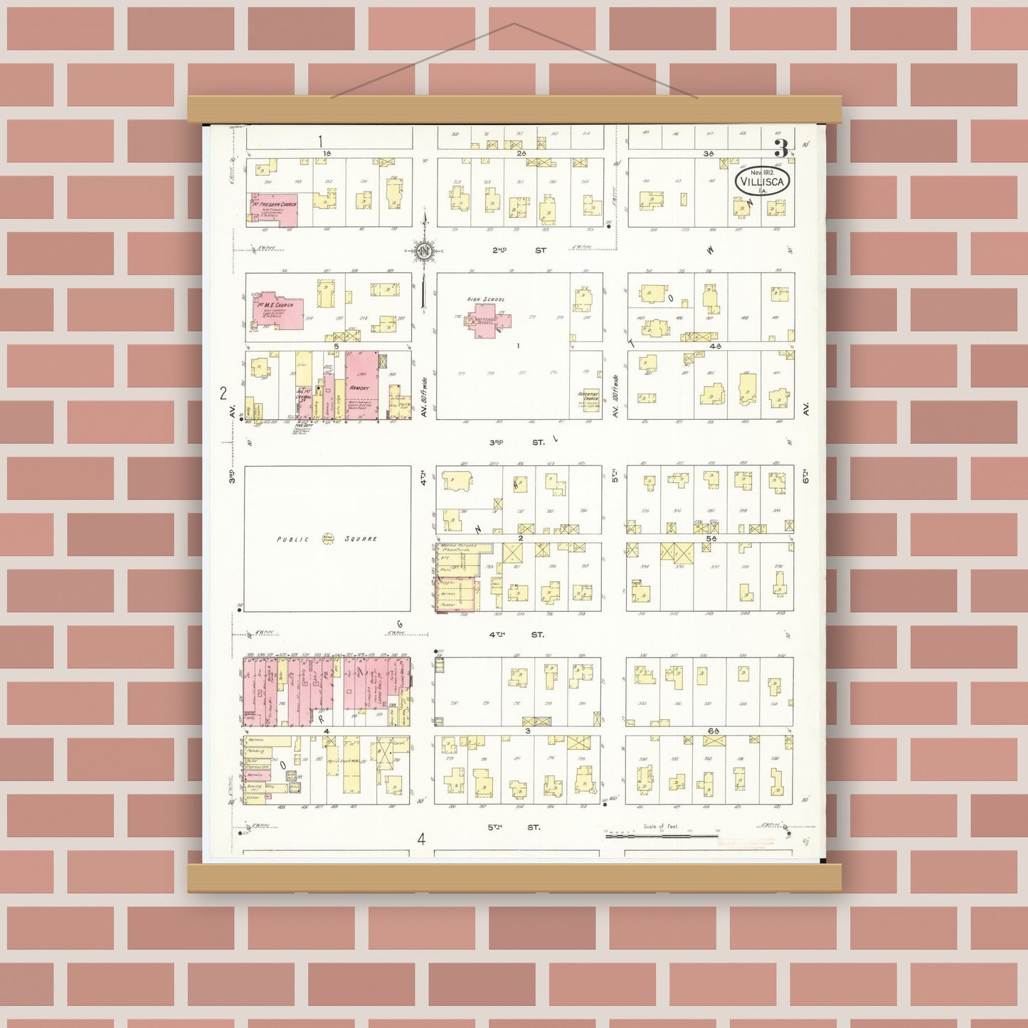 Old map wall art mockup — magnetic wood frame on brick wall — Sanborn Fire Insurance Map from Villisca, Montgomery County, Iowa (1912), Sheet #0003