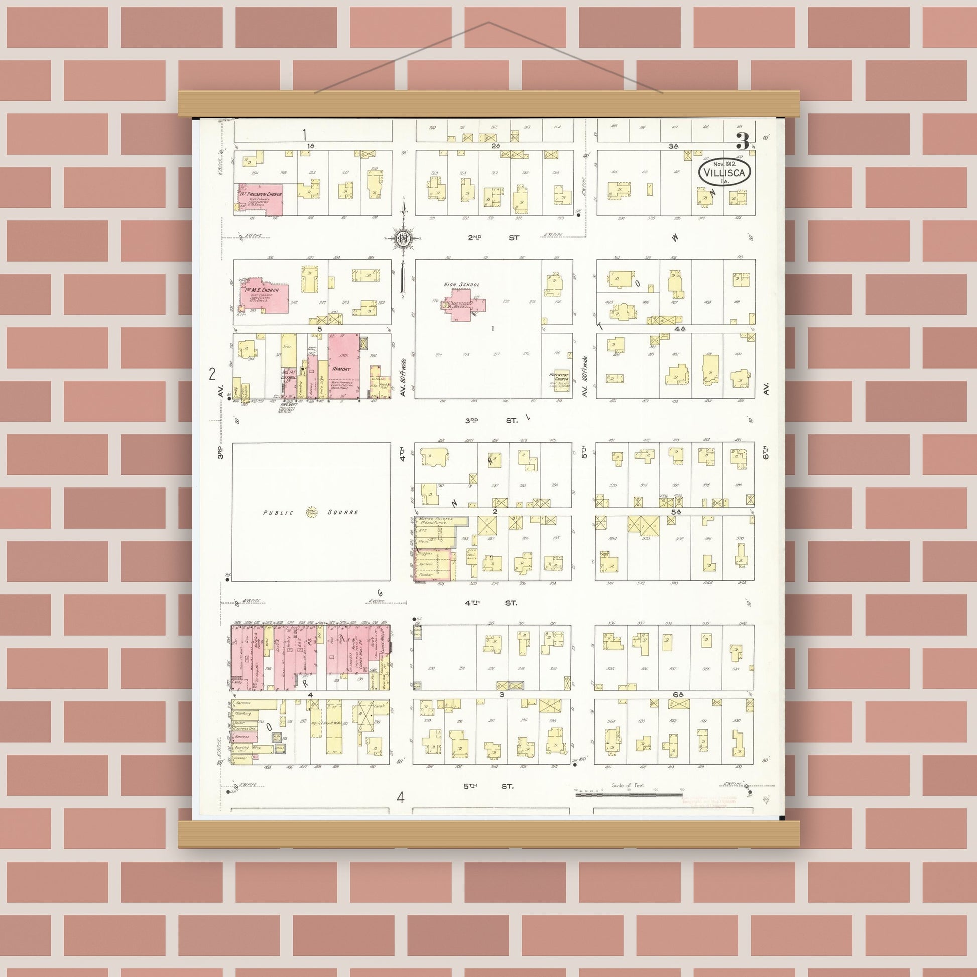 Old map wall art mockup — magnetic wood frame on brick wall — Sanborn Fire Insurance Map from Villisca, Montgomery County, Iowa (1912), Sheet #0003