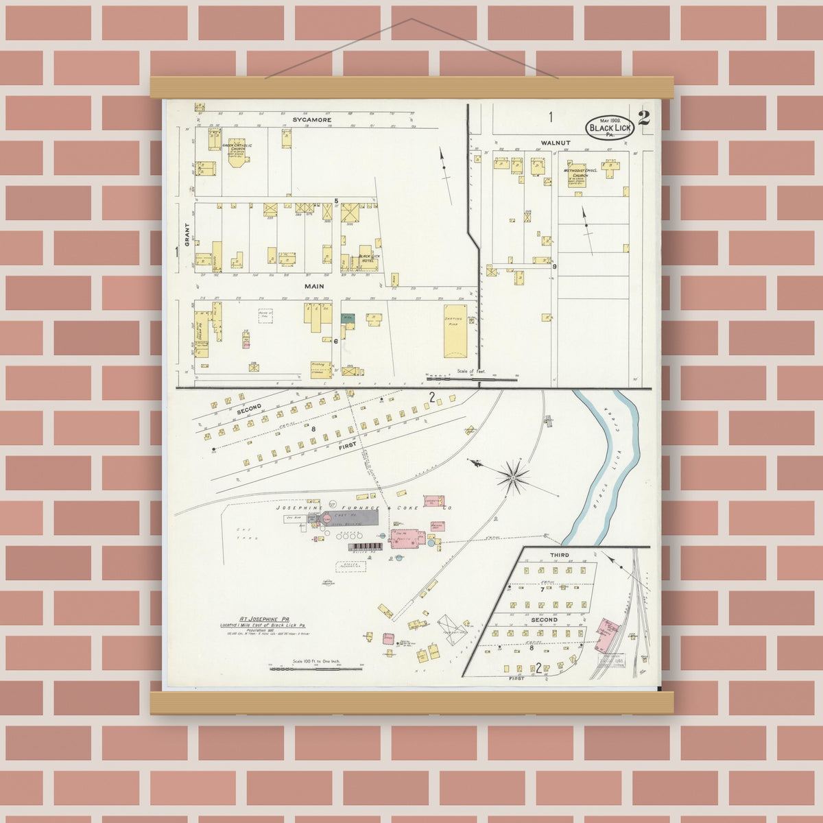Old map wall art mockup — magnetic wood frame on brick wall — Sanborn Fire Insurance Map from Black Lick, Indiana County, Pennsylvania (1909), Sheet #0002