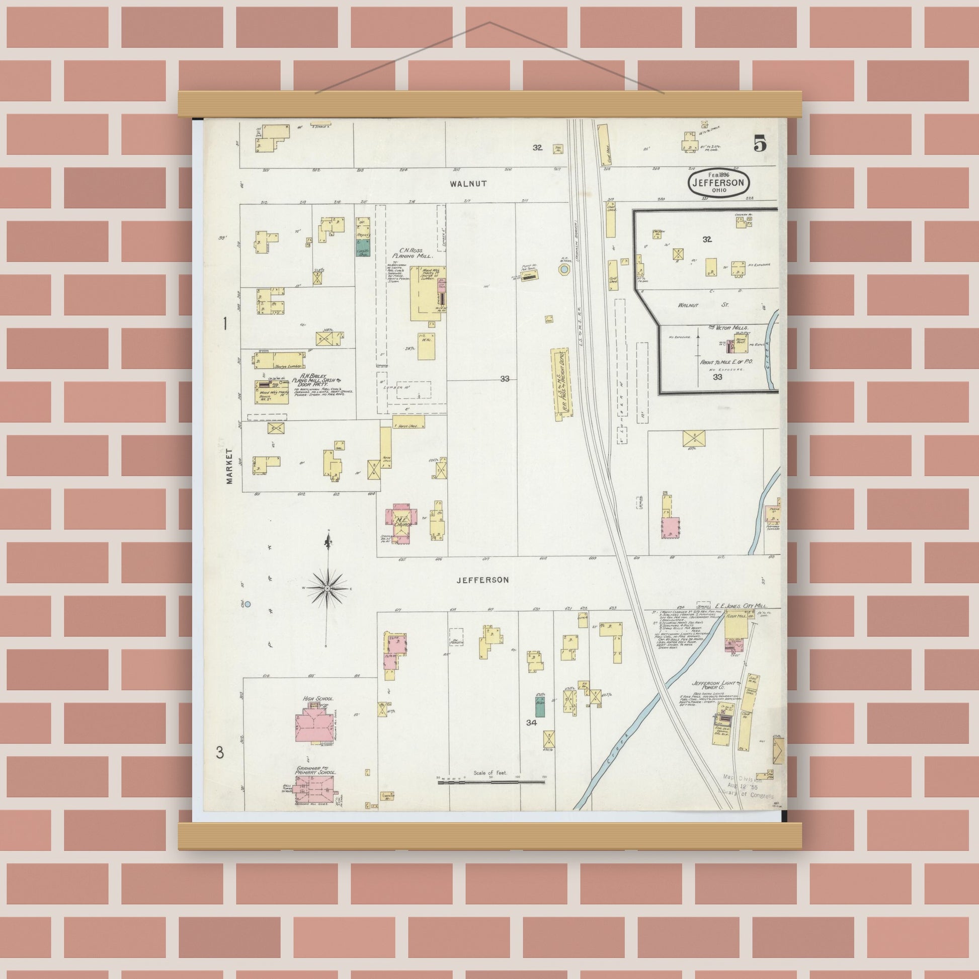 Old map wall art mockup — magnetic wood frame on brick wall — Sanborn Fire Insurance Map from Jefferson, Ashtabula County, Ohio (1896), Sheet #0005