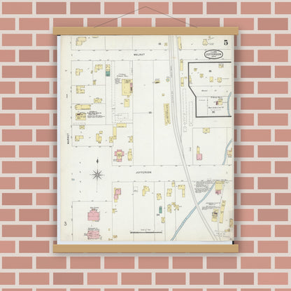 Old map wall art mockup — magnetic wood frame on brick wall — Sanborn Fire Insurance Map from Jefferson, Ashtabula County, Ohio (1896), Sheet #0005