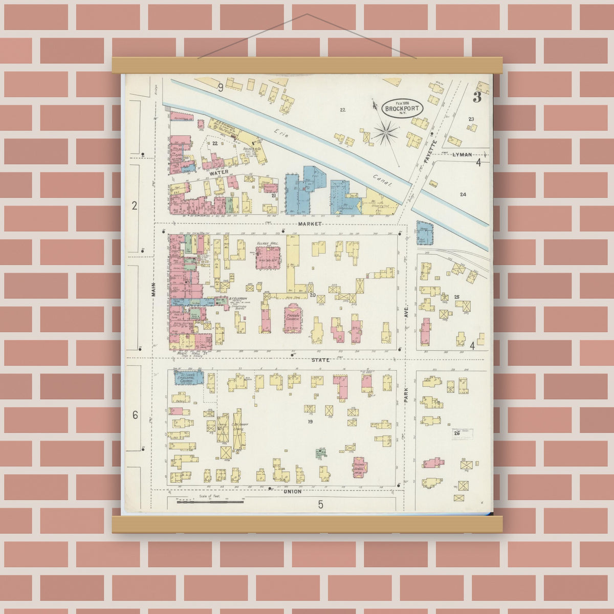Old map wall art mockup — magnetic wood frame on brick wall — Sanborn Fire Insurance Map from Brockport, Monroe County, New York (1898), Sheet #0003