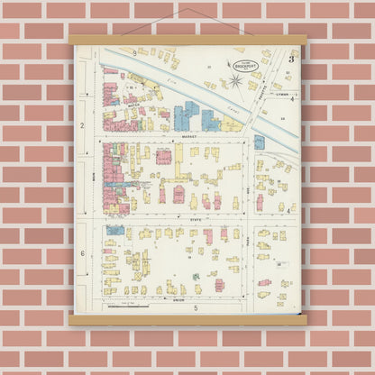 Old map wall art mockup — magnetic wood frame on brick wall — Sanborn Fire Insurance Map from Brockport, Monroe County, New York (1898), Sheet #0003