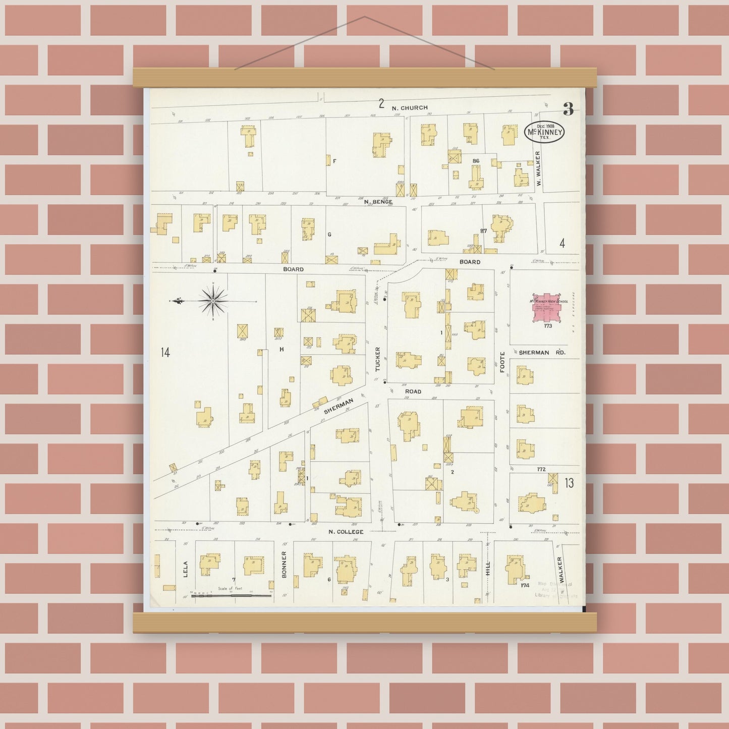 Old map wall art mockup — magnetic wood frame on brick wall — Sanborn Fire Insurance Map from McKinney, Collin County, Texas (1908), Sheet #0003