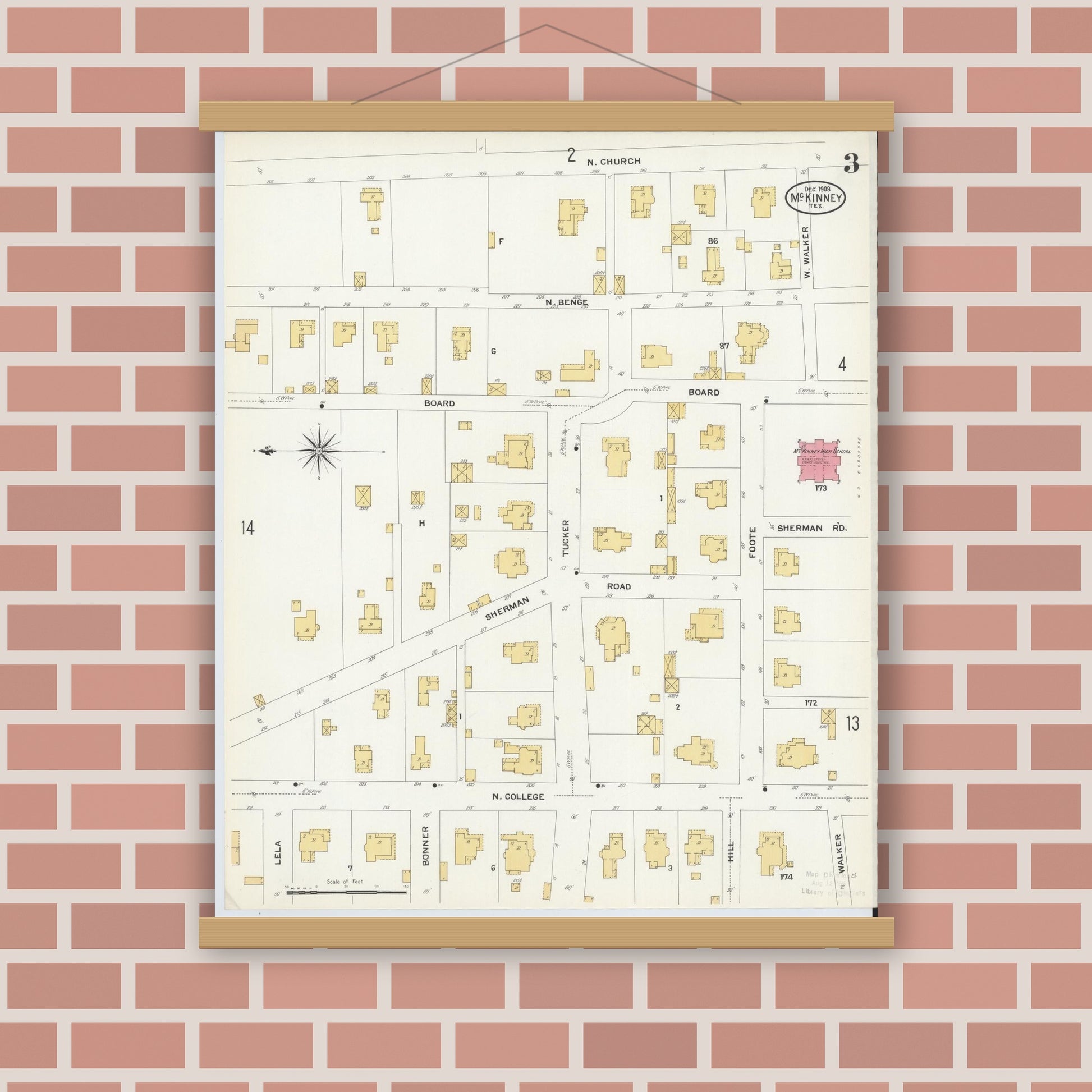 Old map wall art mockup — magnetic wood frame on brick wall — Sanborn Fire Insurance Map from McKinney, Collin County, Texas (1908), Sheet #0003