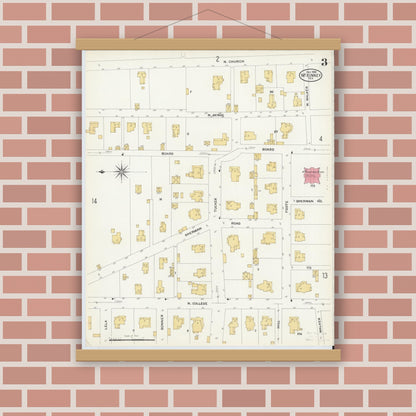 Old map wall art mockup — magnetic wood frame on brick wall — Sanborn Fire Insurance Map from McKinney, Collin County, Texas (1908), Sheet #0003