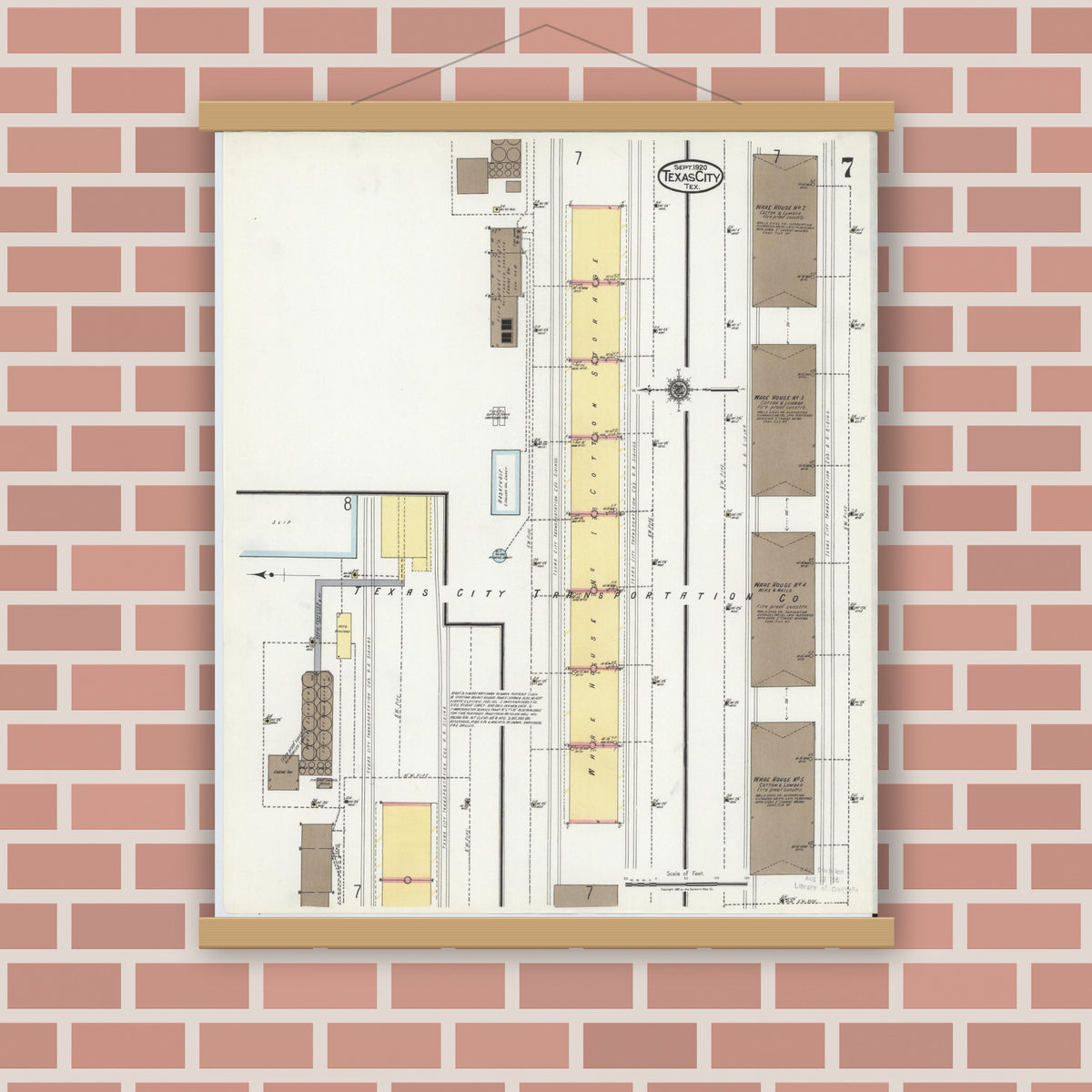 Old map wall art mockup — magnetic wood frame on brick wall — Sanborn Fire Insurance Map from Texas City, Galveston County, Texas (1920), Sheet #0007