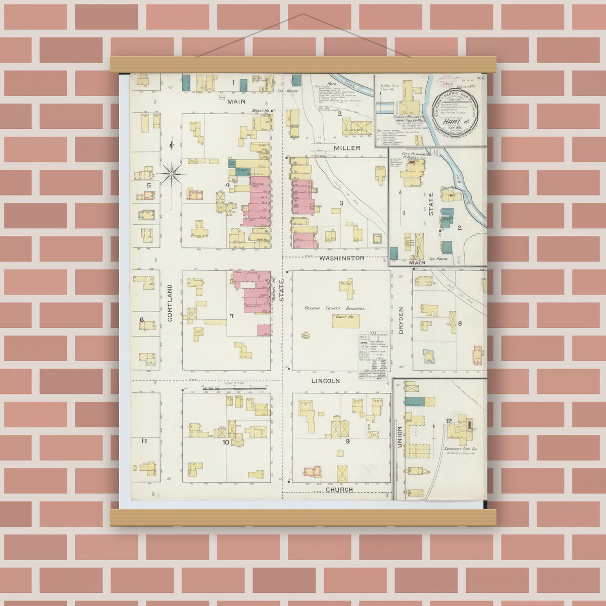 Old map wall art mockup — magnetic wood frame on brick wall — Sanborn Fire Insurance Map from Hart, Oceana County, Michigan (1893), Sheet #0001