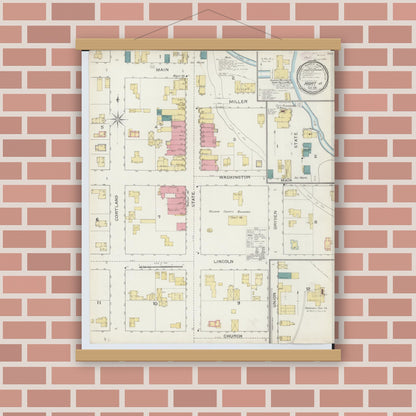 Old map wall art mockup — magnetic wood frame on brick wall — Sanborn Fire Insurance Map from Hart, Oceana County, Michigan (1893), Sheet #0001
