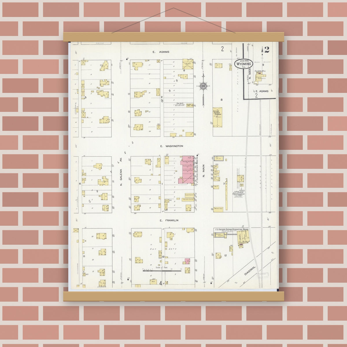 Old map wall art mockup — magnetic wood frame on brick wall — Sanborn Fire Insurance Map from Wyoming, Stark County, Illinois (1913), Sheet #0002