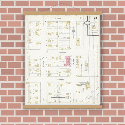 Old map wall art mockup — magnetic wood frame on brick wall — Sanborn Fire Insurance Map from Wyoming, Stark County, Illinois (1913), Sheet #0002