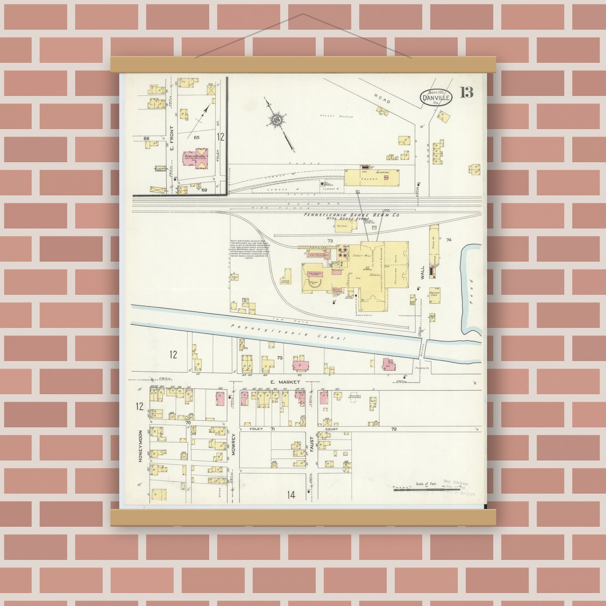 Old map wall art mockup — magnetic wood frame on brick wall — Sanborn Fire Insurance Map from Danville, Montour County, Pennsylvania (1913), Sheet #0013