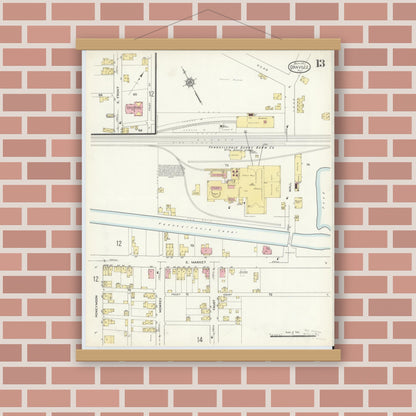 Old map wall art mockup — magnetic wood frame on brick wall — Sanborn Fire Insurance Map from Danville, Montour County, Pennsylvania (1913), Sheet #0013