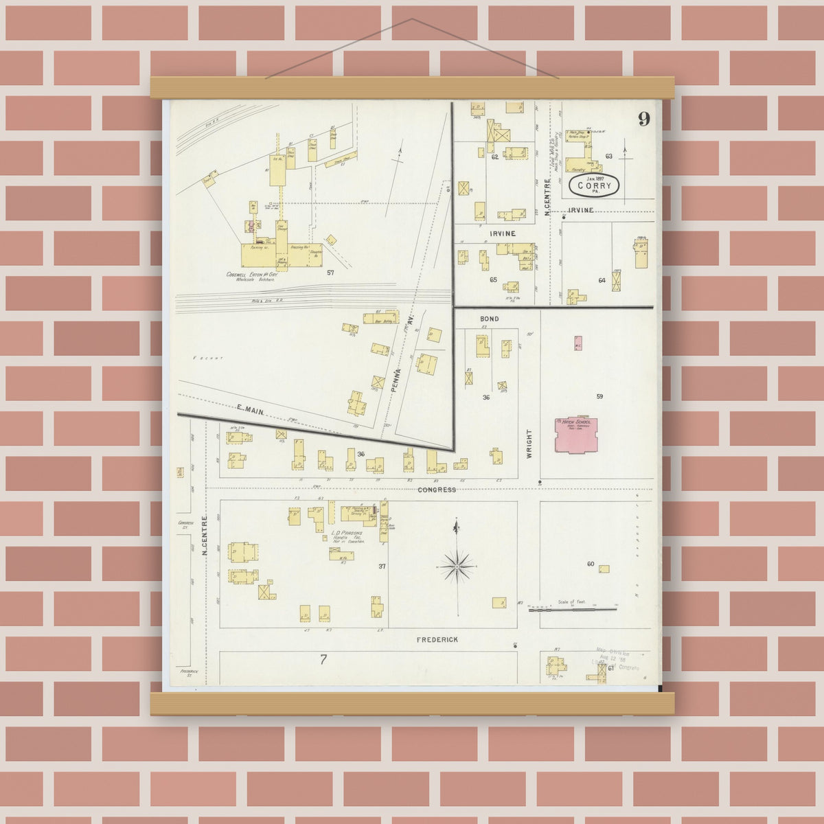 Old map wall art mockup — magnetic wood frame on brick wall — Sanborn Fire Insurance Map from Corry, Erie County, Pennsylvania (1897), Sheet #0009