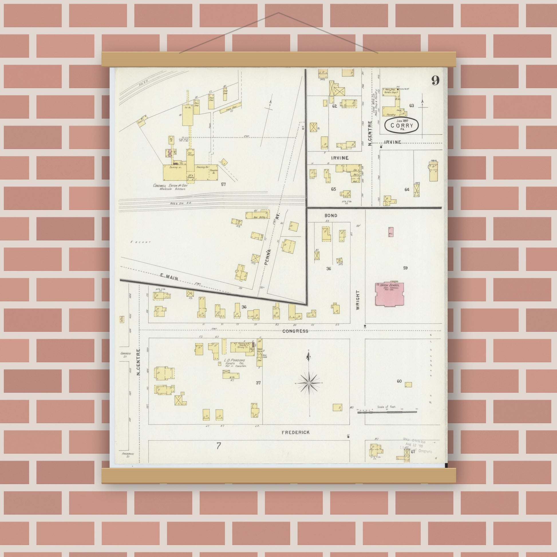 Old map wall art mockup — magnetic wood frame on brick wall — Sanborn Fire Insurance Map from Corry, Erie County, Pennsylvania (1897), Sheet #0009