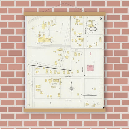Old map wall art mockup — magnetic wood frame on brick wall — Sanborn Fire Insurance Map from Corry, Erie County, Pennsylvania (1897), Sheet #0009