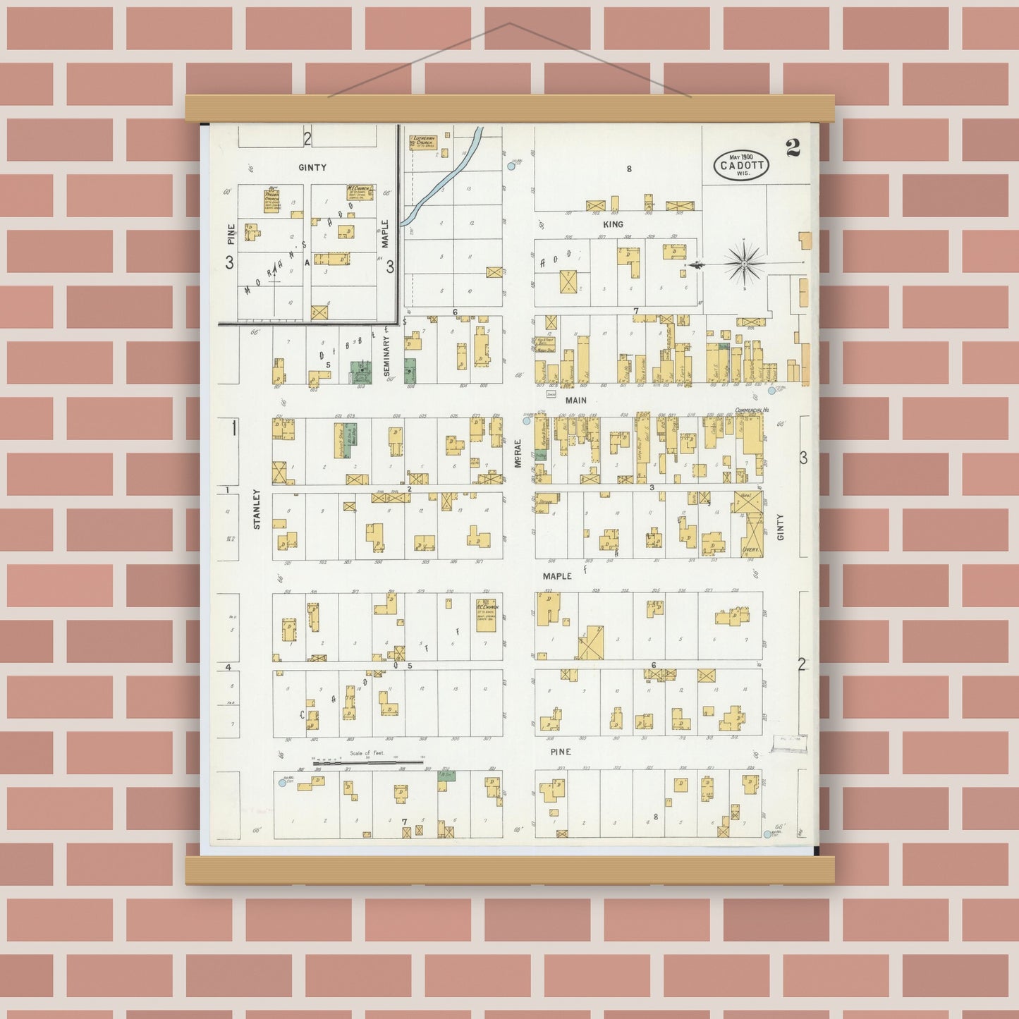 Old map wall art mockup — magnetic wood frame on brick wall — Sanborn Fire Insurance Map from Cadott, Chippewa County, Wisconsin (1900), Sheet #0002