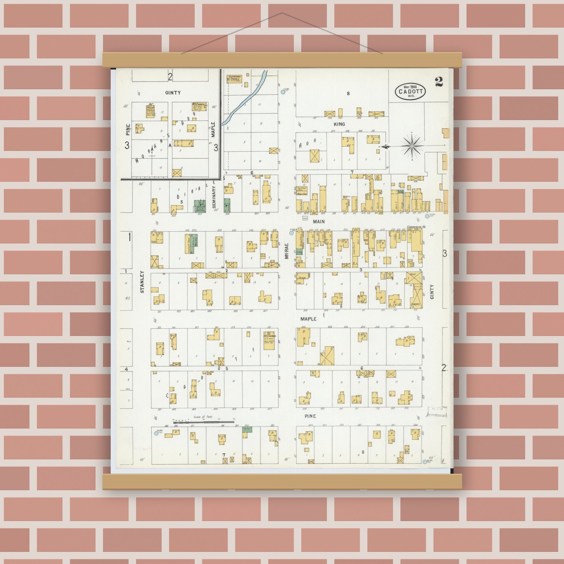 Old map wall art mockup — magnetic wood frame on brick wall — Sanborn Fire Insurance Map from Cadott, Chippewa County, Wisconsin (1900), Sheet #0002