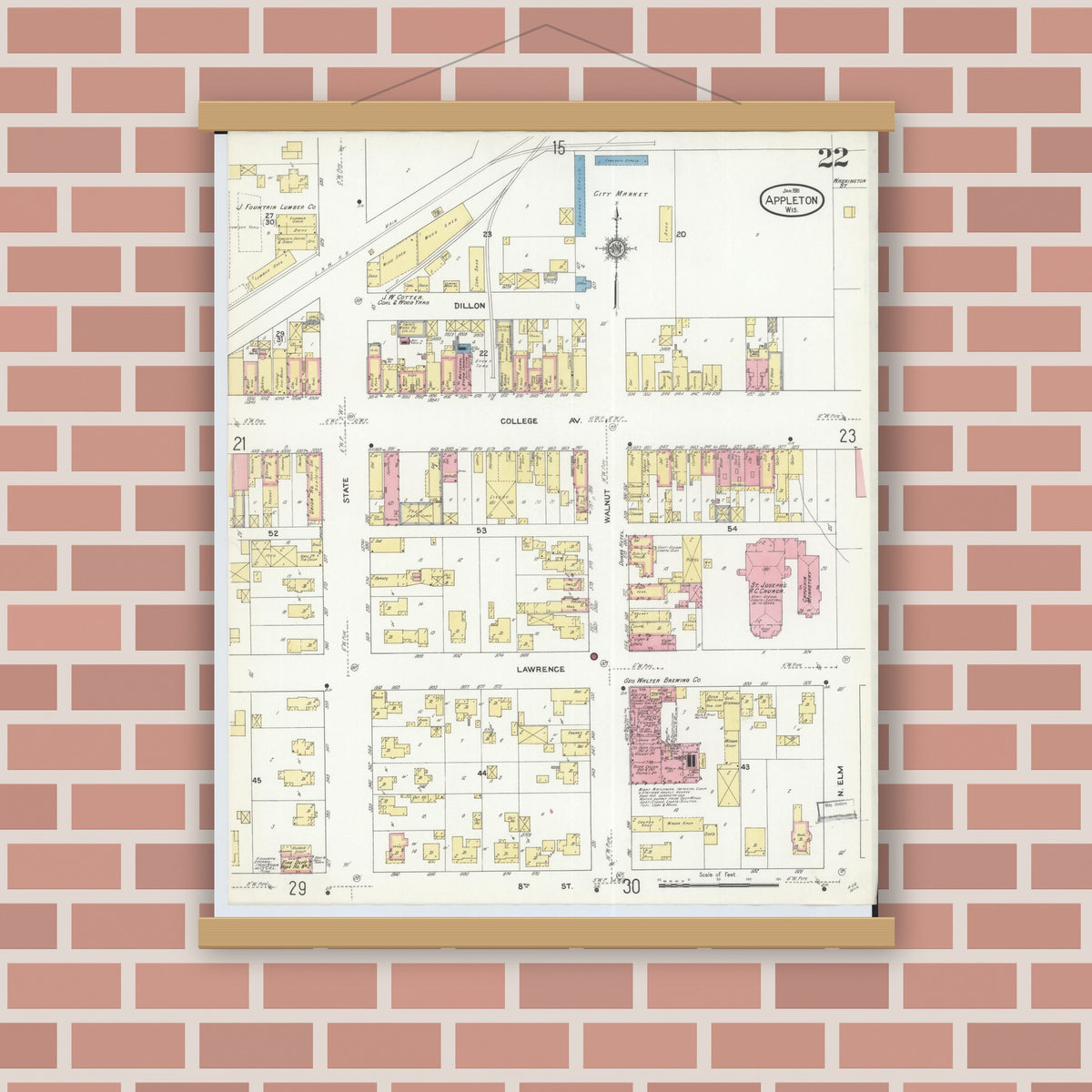 Old map wall art mockup — magnetic wood frame on brick wall — Sanborn Fire Insurance Map from Appleton, Outagamie County, Wisconsin (1911), Sheet #0022