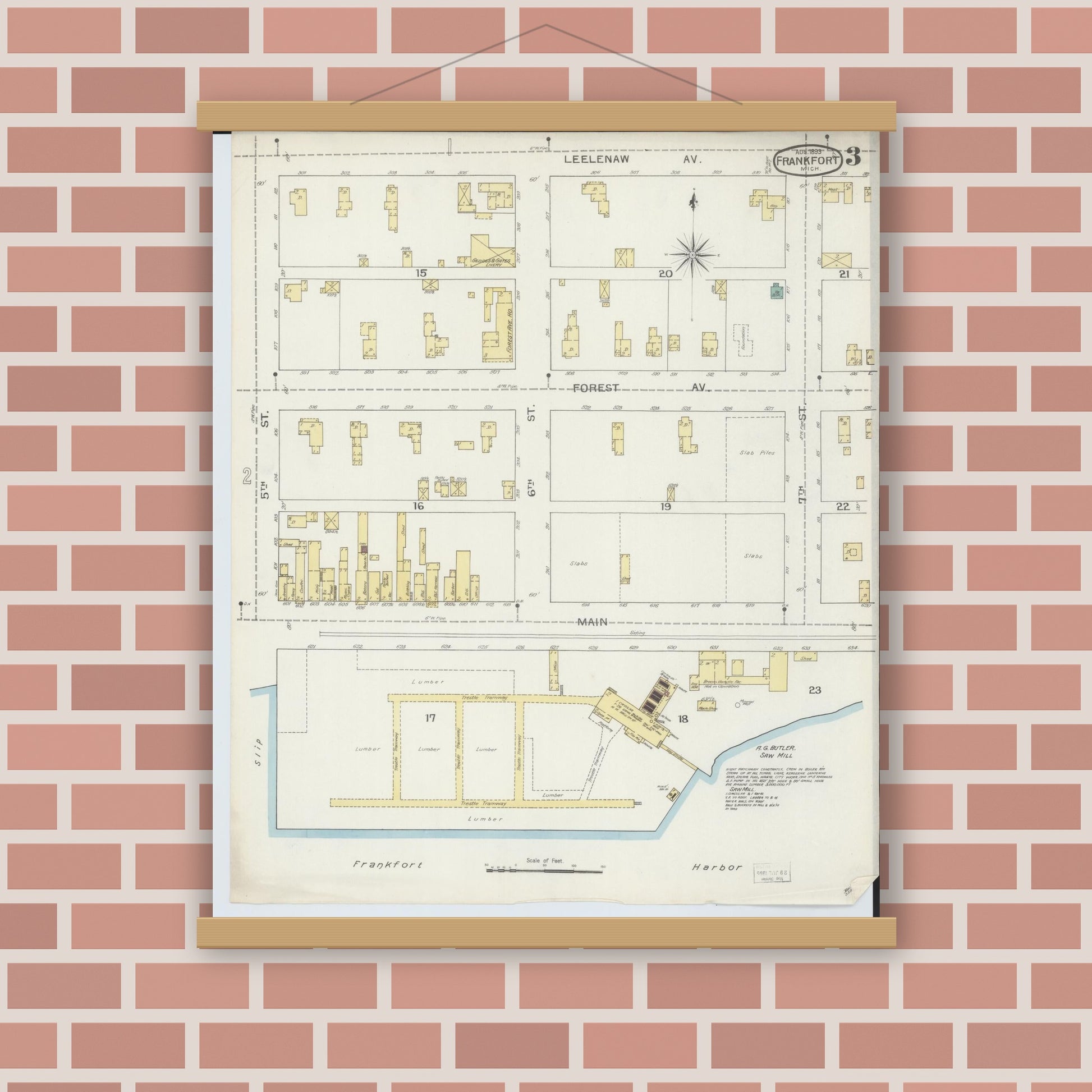 Old map wall art mockup — magnetic wood frame on brick wall — Sanborn Fire Insurance Map from Frankfort, Benzie County, Michigan (1893), Sheet #0003