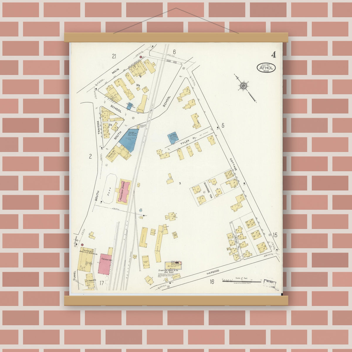 Old map wall art mockup — magnetic wood frame on brick wall — Sanborn Fire Insurance Map from Athol, Worcester County, Massachusetts (1917), Sheet #0004