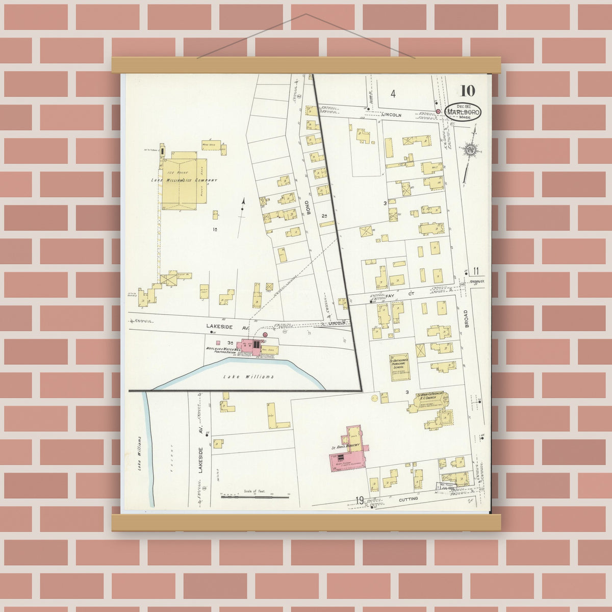 Old map wall art mockup — magnetic wood frame on brick wall — Sanborn Fire Insurance Map from Marlborough, Middlesex County, Massachusetts (1912), Sheet #0010