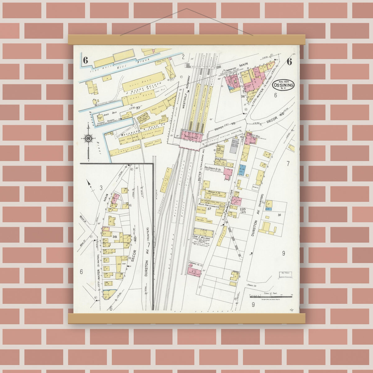Old map wall art mockup — magnetic wood frame on brick wall — Sanborn Fire Insurance Map from Ossining, Westchester County, New York (1924), Sheet #0006