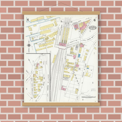 Old map wall art mockup — magnetic wood frame on brick wall — Sanborn Fire Insurance Map from Ossining, Westchester County, New York (1924), Sheet #0006