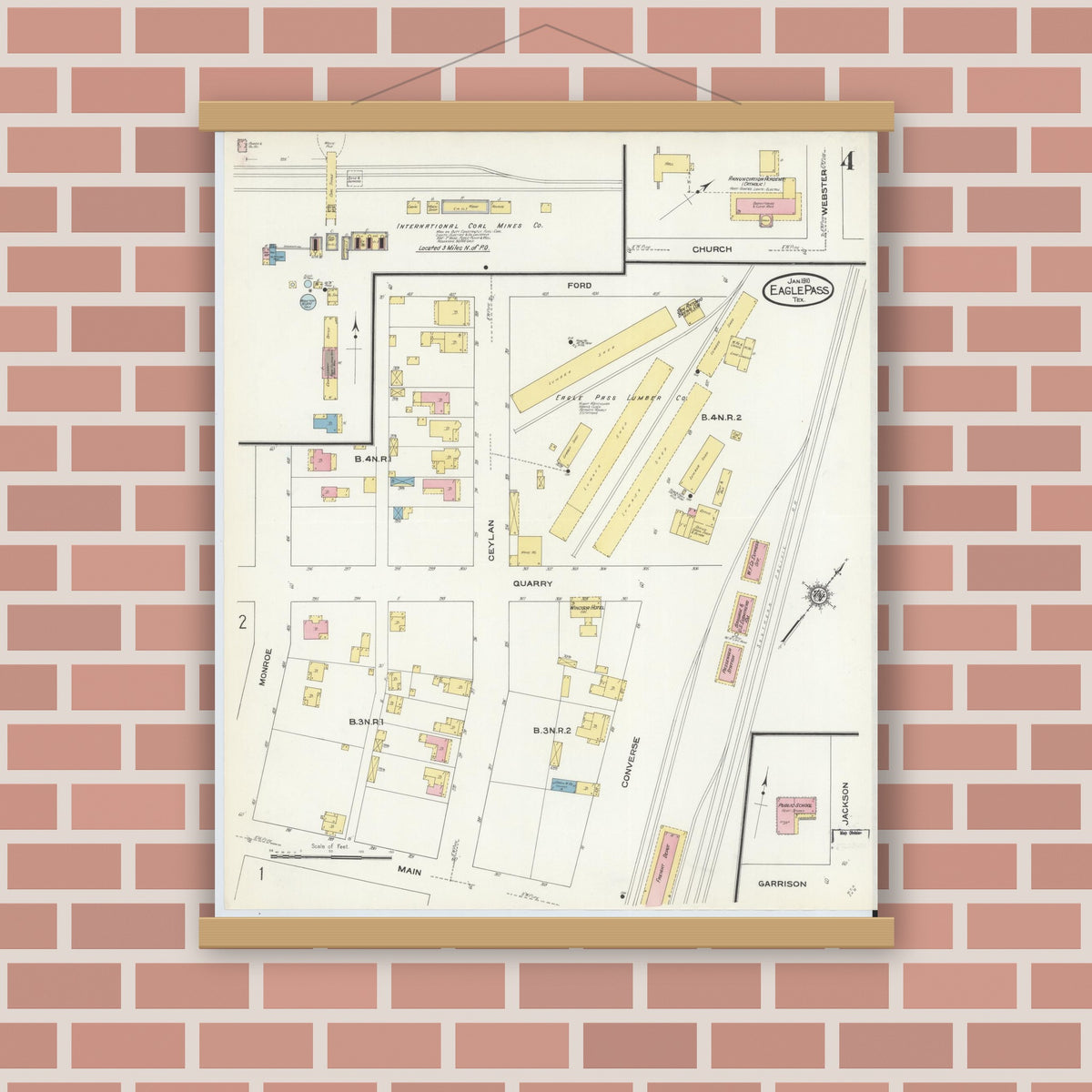 Old map wall art mockup — magnetic wood frame on brick wall — Sanborn Fire Insurance Map from Eagle Pass, Maverick County, Texas (1910), Sheet #0004