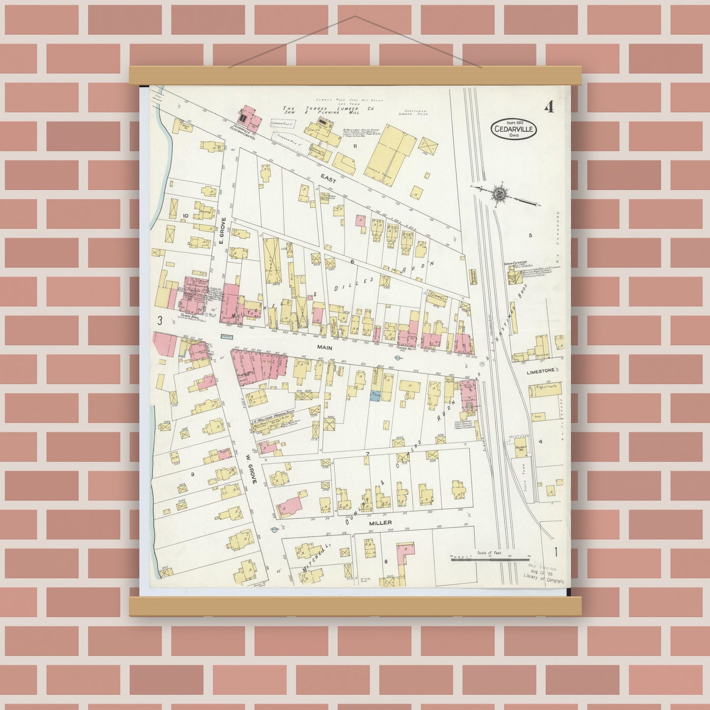 Old map wall art mockup — magnetic wood frame on brick wall — Sanborn Fire Insurance Map from Cedarville, Greene County, Ohio (1910), Sheet #0004