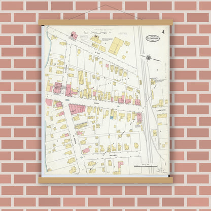 Old map wall art mockup — magnetic wood frame on brick wall — Sanborn Fire Insurance Map from Cedarville, Greene County, Ohio (1910), Sheet #0004