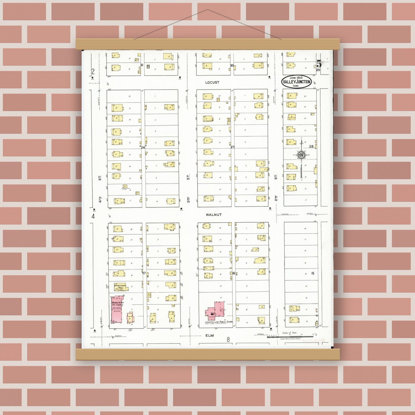 Old map wall art mockup — magnetic wood frame on brick wall — Sanborn Fire Insurance Map from Valley Junction, Polk County, Iowa (1920), Sheet #0005