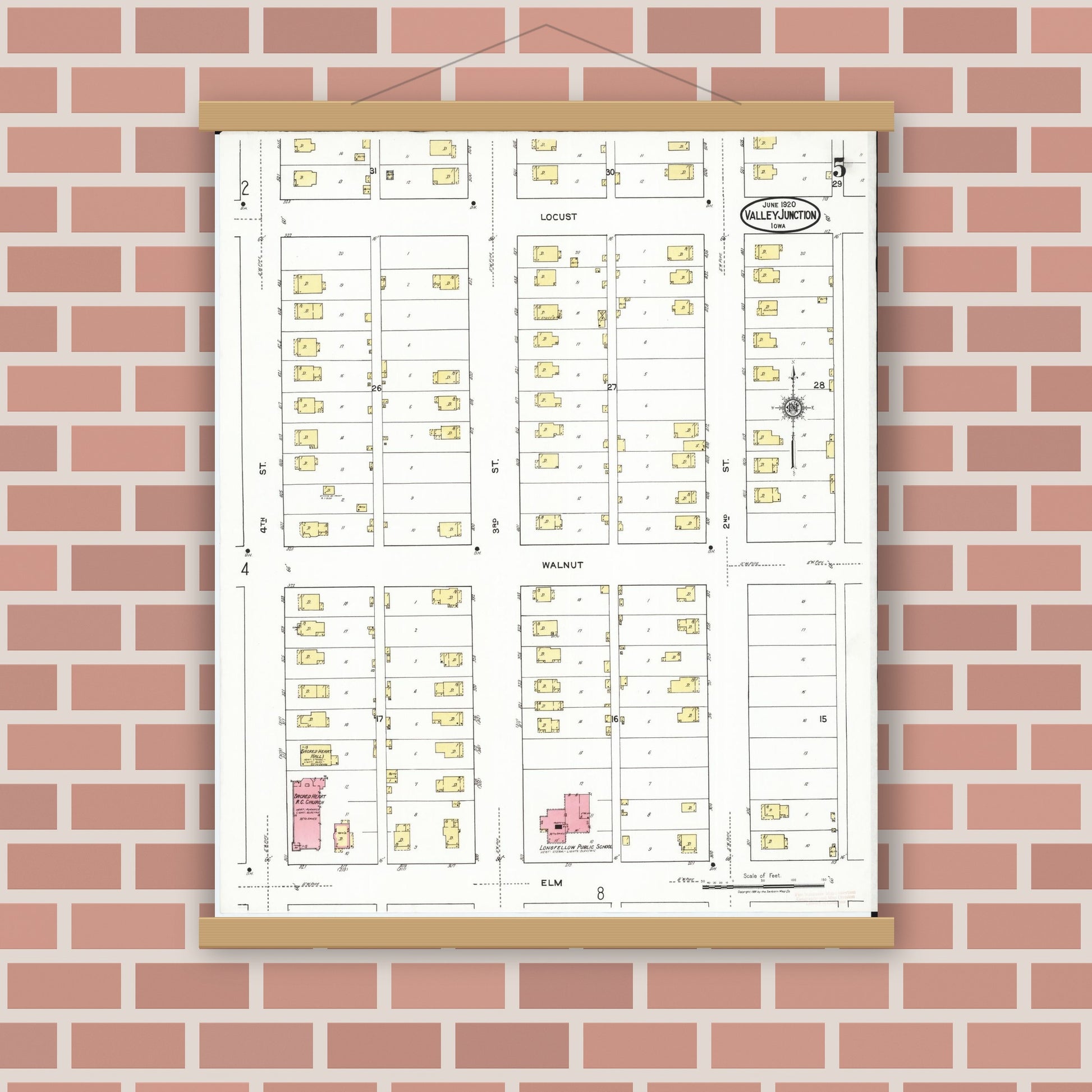 Old map wall art mockup — magnetic wood frame on brick wall — Sanborn Fire Insurance Map from Valley Junction, Polk County, Iowa (1920), Sheet #0005