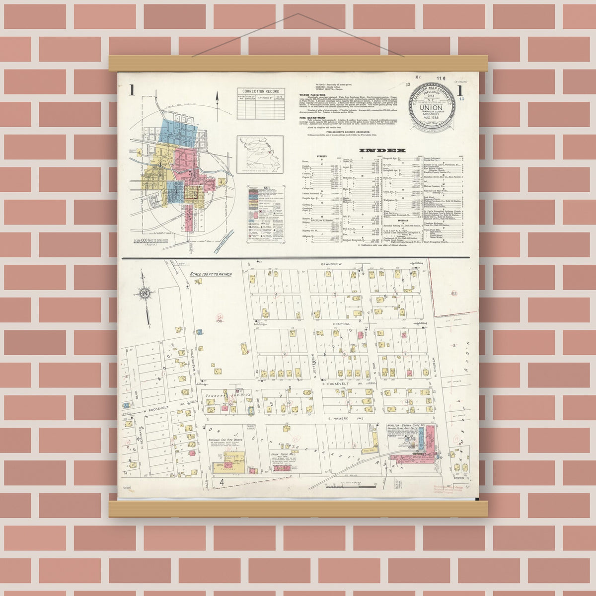 Old map wall art mockup — magnetic wood frame on brick wall — Sanborn Fire Insurance Map from Union, Franklin County, Missouri (1935) - Complete Map Set