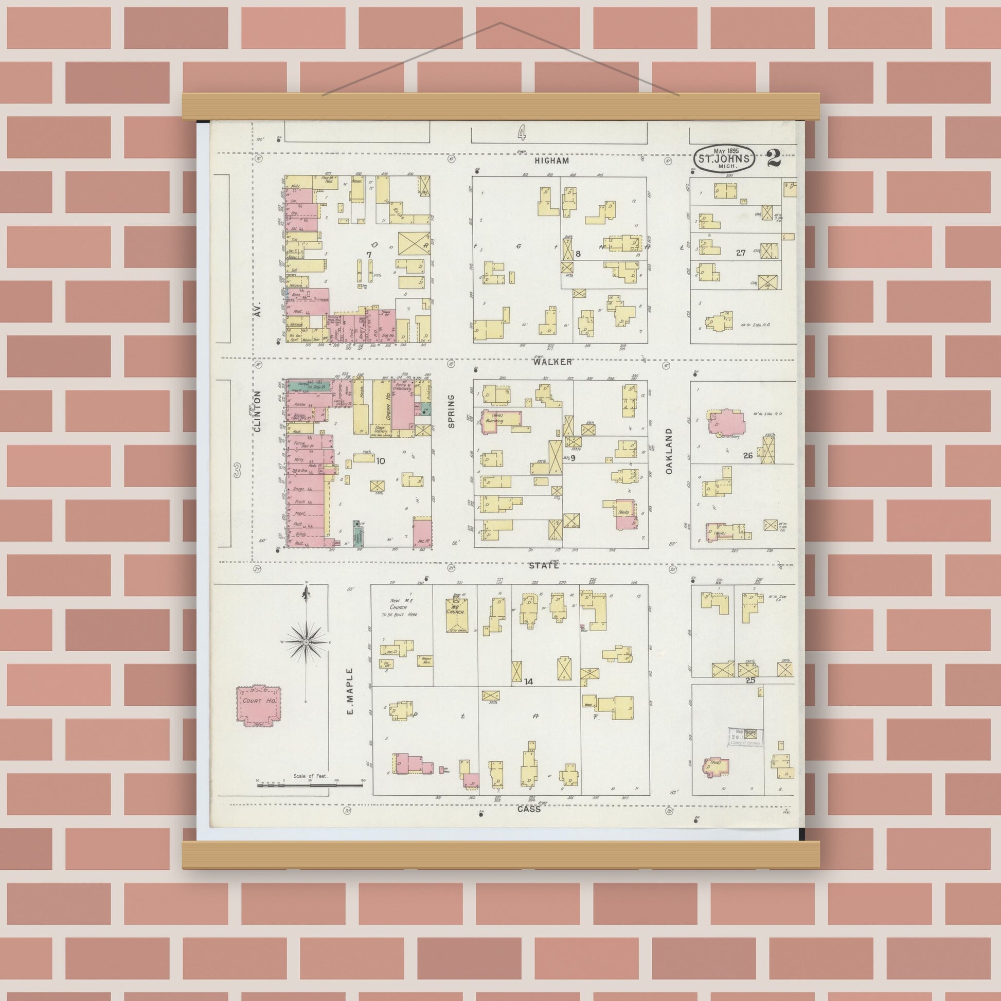 Old map wall art mockup — magnetic wood frame on brick wall — Sanborn Fire Insurance Map from Saint Johns, Clinton County, Michigan (1895), Sheet #0002