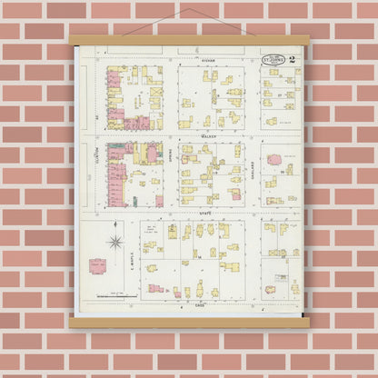 Old map wall art mockup — magnetic wood frame on brick wall — Sanborn Fire Insurance Map from Saint Johns, Clinton County, Michigan (1895), Sheet #0002