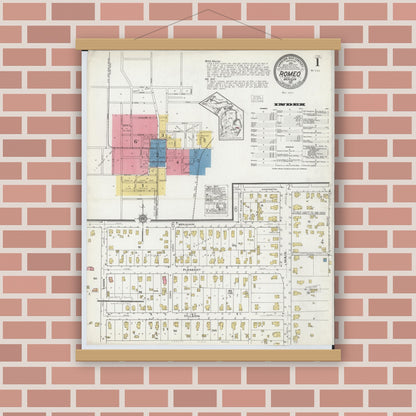 Old map wall art mockup — magnetic wood frame on brick wall — Sanborn Fire Insurance Map from Romeo, Macomb County, Michigan (1921), Sheet #0001