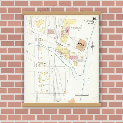 Old map wall art mockup — magnetic wood frame on brick wall — Sanborn Fire Insurance Map from Waukegan, Lake County, Illinois (1912), Sheet #0016