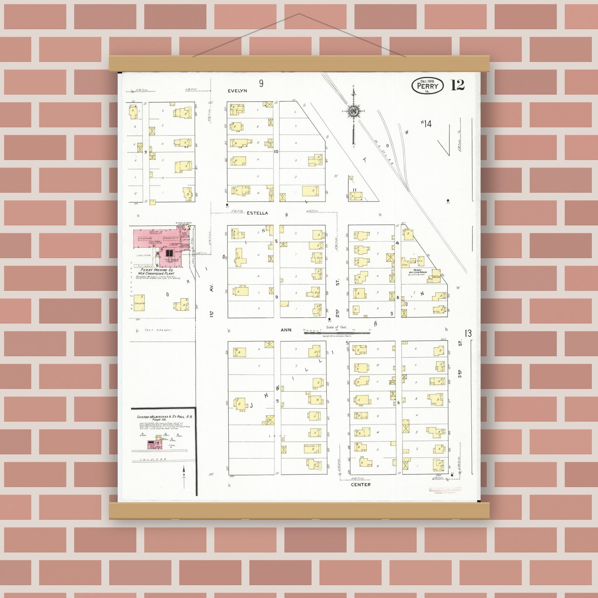 Old map wall art mockup — magnetic wood frame on brick wall — Sanborn Fire Insurance Map from Perry, Dallas County, Iowa (1918), Sheet #0012