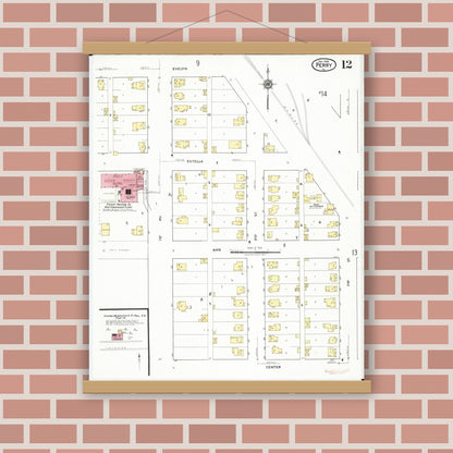 Old map wall art mockup — magnetic wood frame on brick wall — Sanborn Fire Insurance Map from Perry, Dallas County, Iowa (1918), Sheet #0012